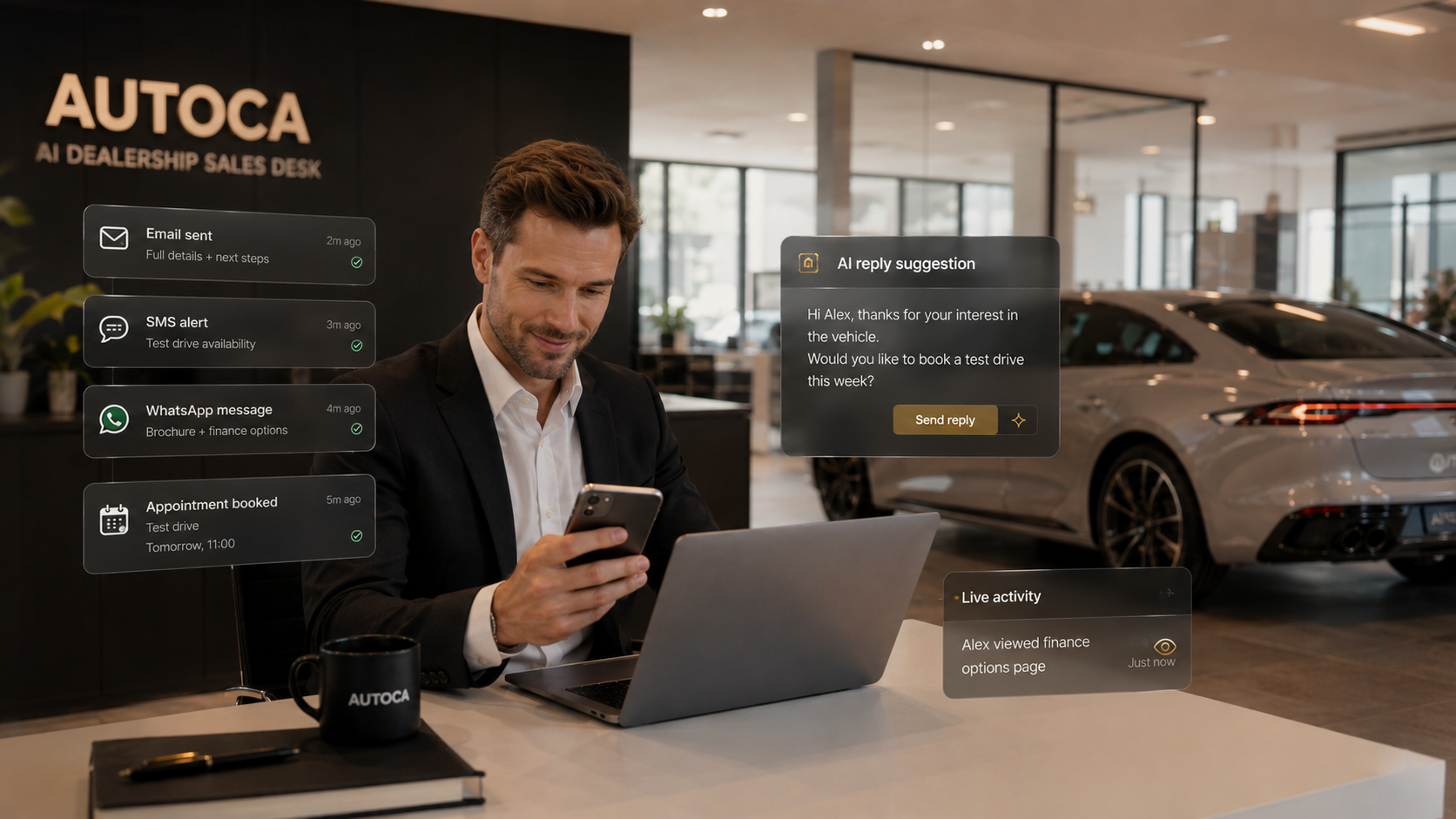 AUTOCA AI reply workflow in a premium showroom